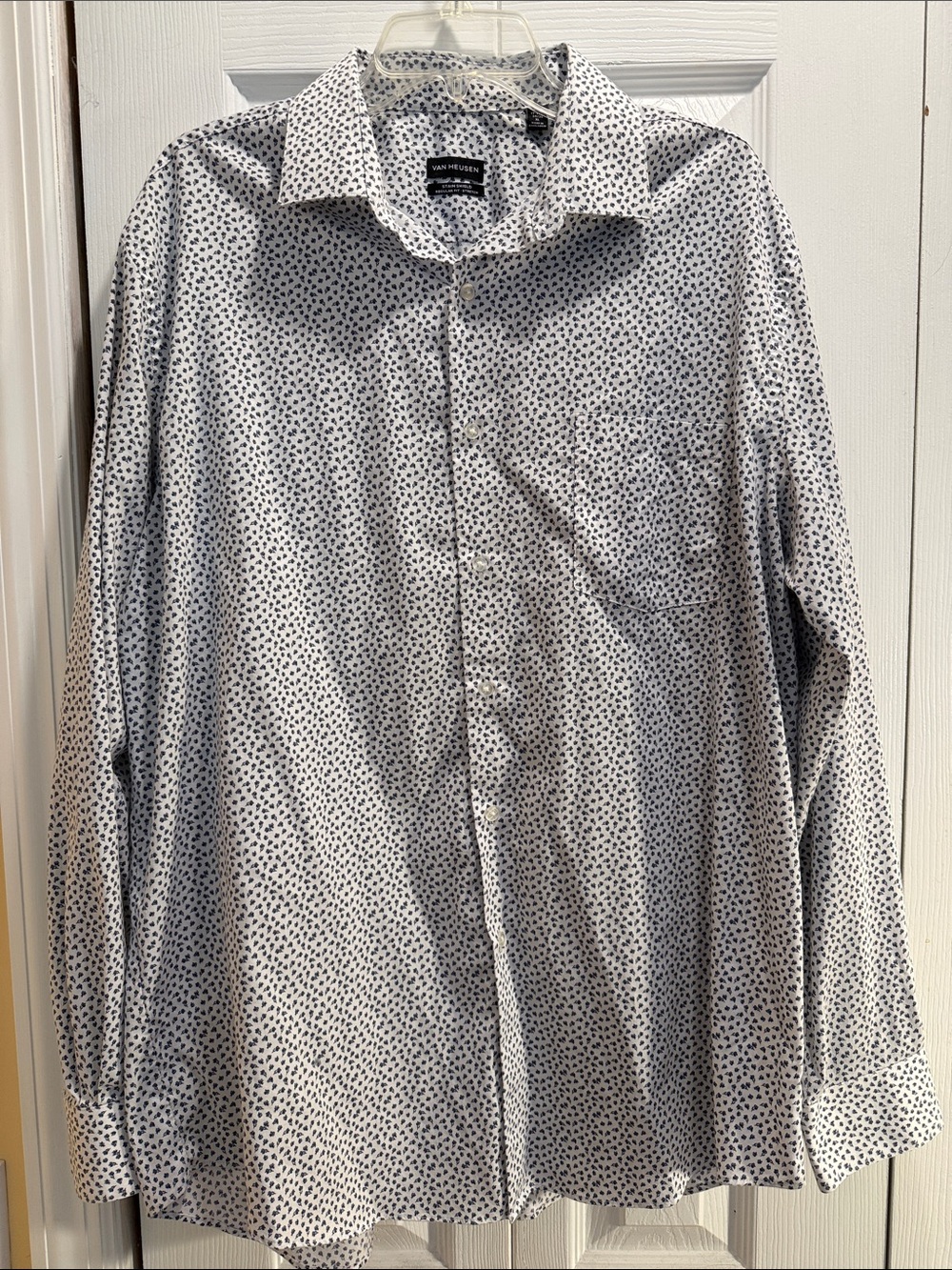 Van Heusen White Button-Down Shirt with Black Microprint